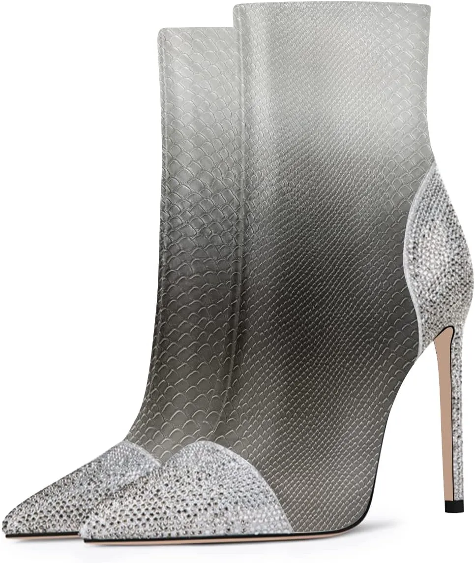 FSJ Women Bling Rhinestone Pointed Toe High Heels Ankle Boots Stiletto Studded with Crystal Sparkly Booties Side Zipper Elegant Winter Evening Dress Shoes Size 4-15 US
