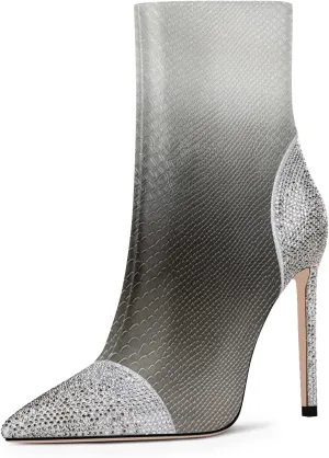FSJ Women Bling Rhinestone Pointed Toe High Heels Ankle Boots Stiletto Studded with Crystal Sparkly Booties Side Zipper Elegant Winter Evening Dress Shoes Size 4-15 US