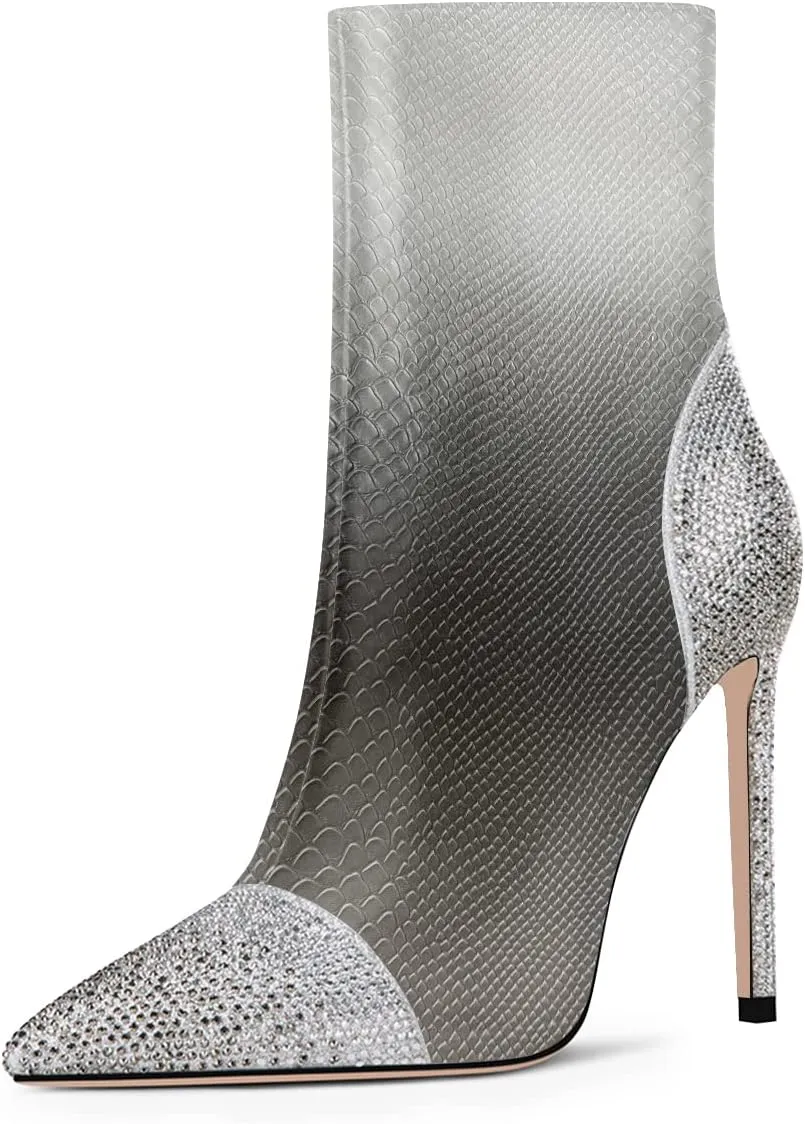 FSJ Women Bling Rhinestone Pointed Toe High Heels Ankle Boots Stiletto Studded with Crystal Sparkly Booties Side Zipper Elegant Winter Evening Dress Shoes Size 4-15 US
