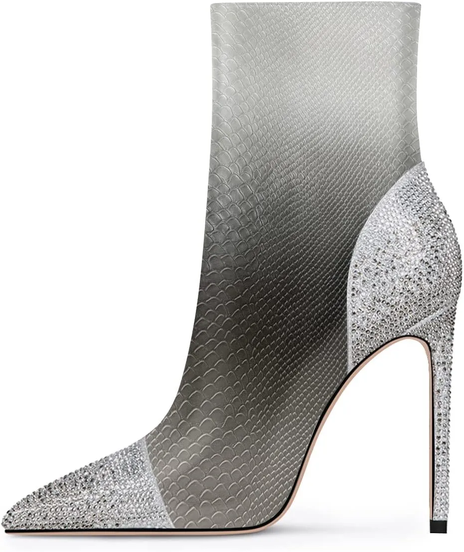FSJ Women Bling Rhinestone Pointed Toe High Heels Ankle Boots Stiletto Studded with Crystal Sparkly Booties Side Zipper Elegant Winter Evening Dress Shoes Size 4-15 US