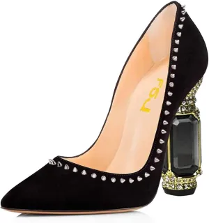 FSJ Women Bridal Pointed Toe Chunky Block High Heel Crystal Pumps Slip on Wedding Thick Comfort Evening Dress Studded Rivets Shoes Size 4-16 US