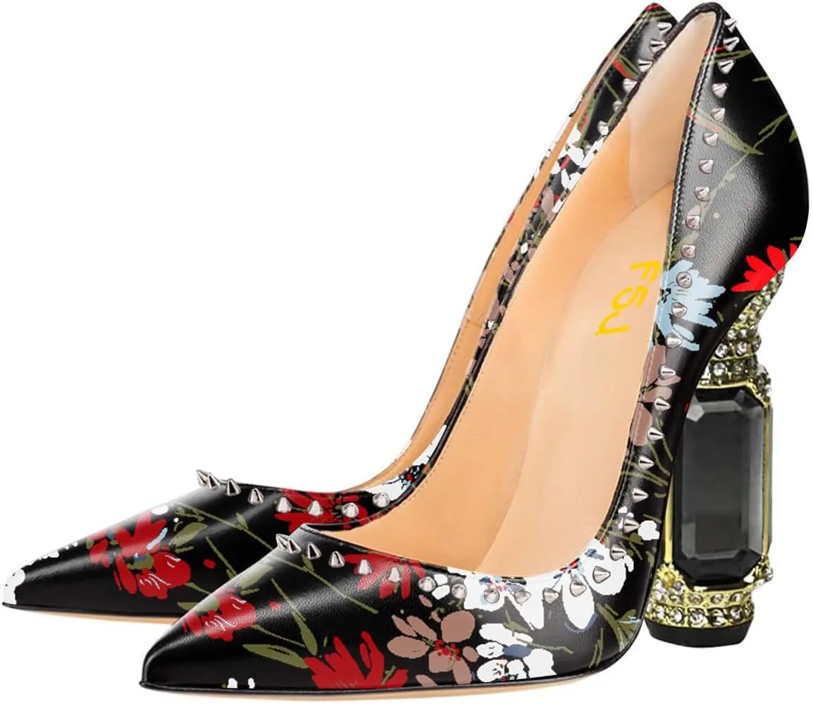 FSJ Women Bridal Pointed Toe Chunky Block High Heel Crystal Pumps Slip on Wedding Thick Comfort Evening Dress Studded Rivets Shoes Size 4-16 US