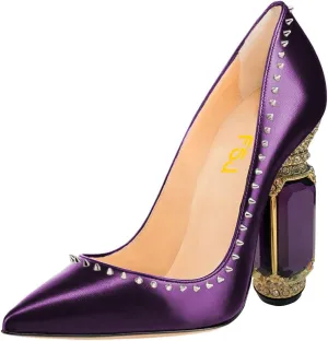FSJ Women Bridal Pointed Toe Chunky Block High Heel Crystal Pumps Slip on Wedding Thick Comfort Evening Dress Studded Rivets Shoes Size 4-16 US