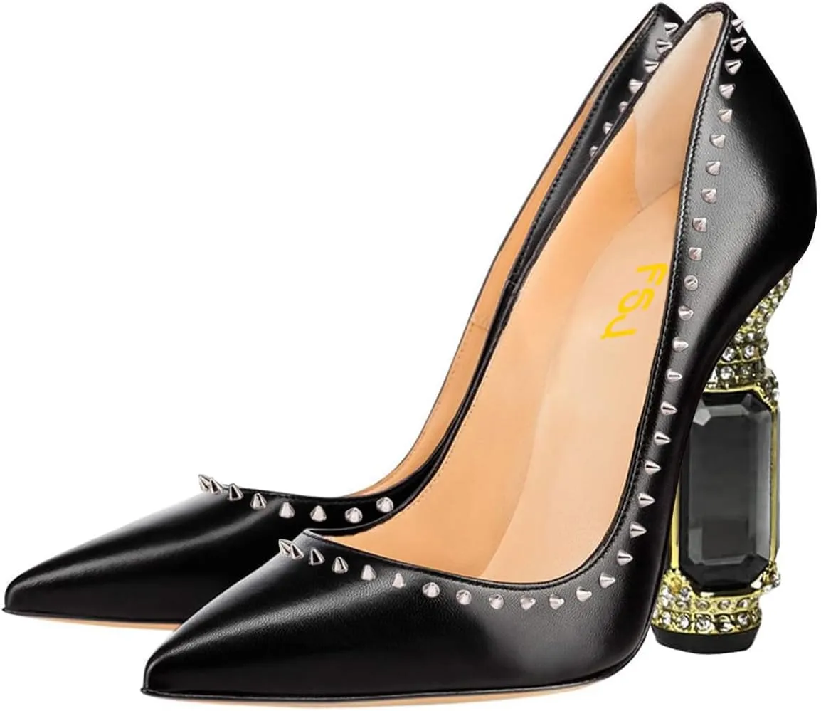 FSJ Women Bridal Pointed Toe Chunky Block High Heel Crystal Pumps Slip on Wedding Thick Comfort Evening Dress Studded Rivets Shoes Size 4-16 US