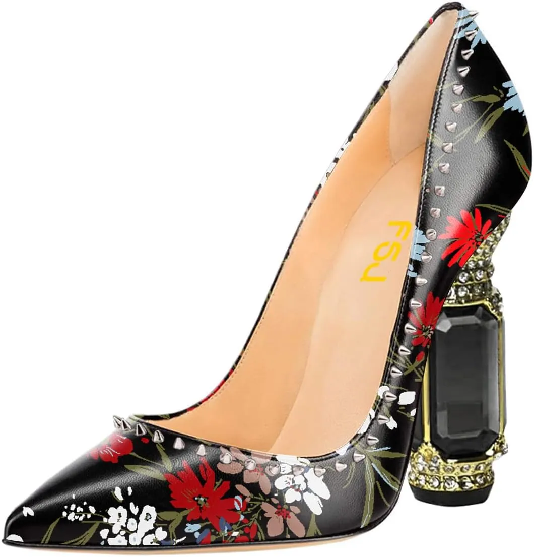 FSJ Women Bridal Pointed Toe Chunky Block High Heel Crystal Pumps Slip on Wedding Thick Comfort Evening Dress Studded Rivets Shoes Size 4-16 US