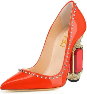 FSJ Women Bridal Pointed Toe Chunky Block High Heel Crystal Pumps Slip on Wedding Thick Comfort Evening Dress Studded Rivets Shoes Size 4-16 US