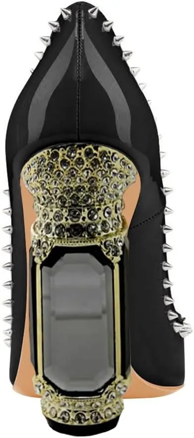 FSJ Women Bridal Pointed Toe Chunky Block High Heel Crystal Pumps Slip on Wedding Thick Comfort Evening Dress Studded Rivets Shoes Size 4-16 US