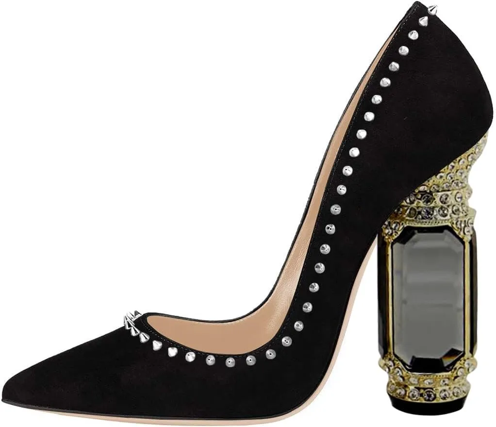 FSJ Women Bridal Pointed Toe Chunky Block High Heel Crystal Pumps Slip on Wedding Thick Comfort Evening Dress Studded Rivets Shoes Size 4-16 US