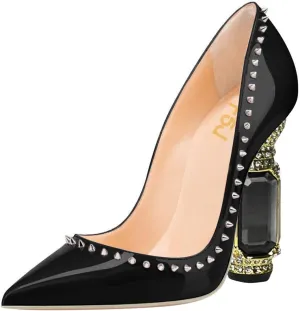 FSJ Women Bridal Pointed Toe Chunky Block High Heel Crystal Pumps Slip on Wedding Thick Comfort Evening Dress Studded Rivets Shoes Size 4-16 US