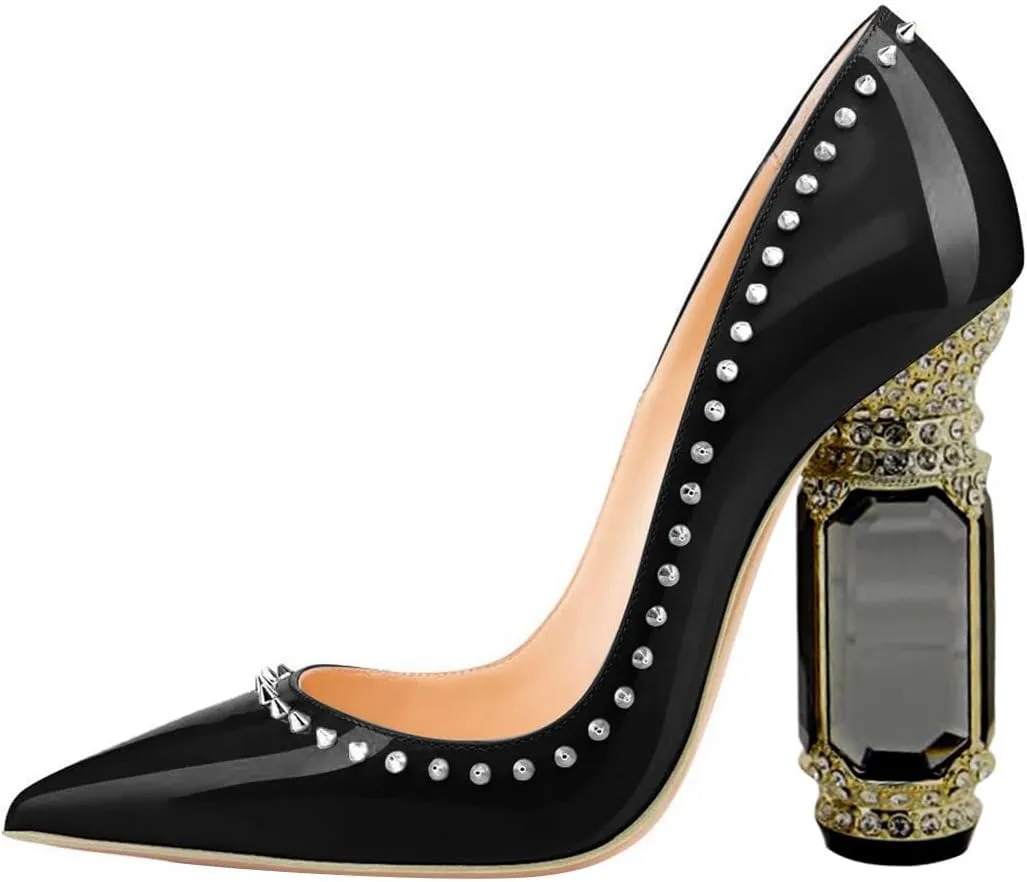 FSJ Women Bridal Pointed Toe Chunky Block High Heel Crystal Pumps Slip on Wedding Thick Comfort Evening Dress Studded Rivets Shoes Size 4-16 US