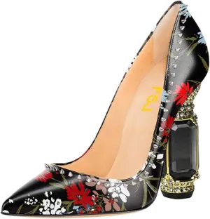 FSJ Women Bridal Pointed Toe Chunky Block High Heel Crystal Pumps Slip on Wedding Thick Comfort Evening Dress Studded Rivets Shoes Size 4-16 US