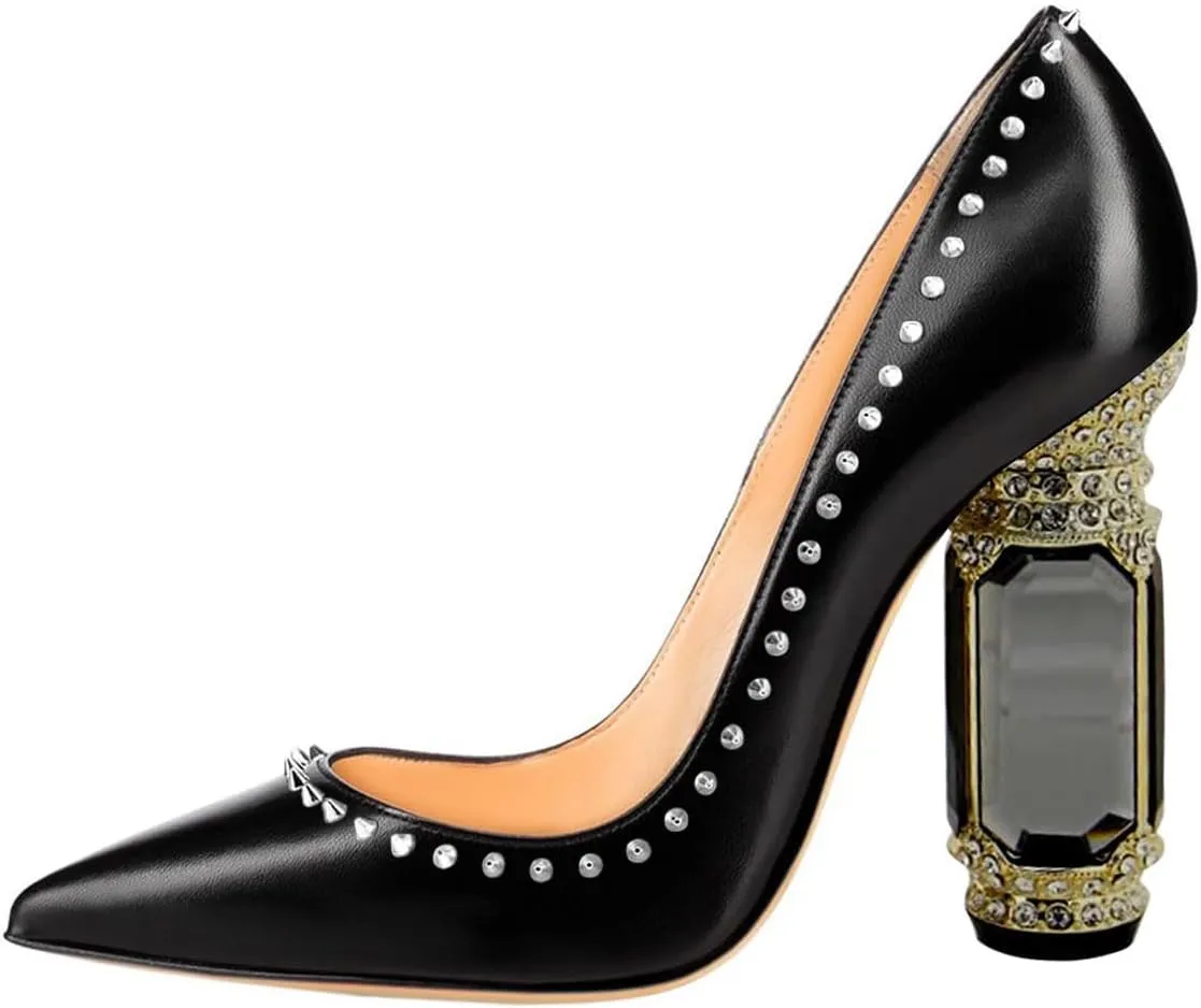FSJ Women Bridal Pointed Toe Chunky Block High Heel Crystal Pumps Slip on Wedding Thick Comfort Evening Dress Studded Rivets Shoes Size 4-16 US