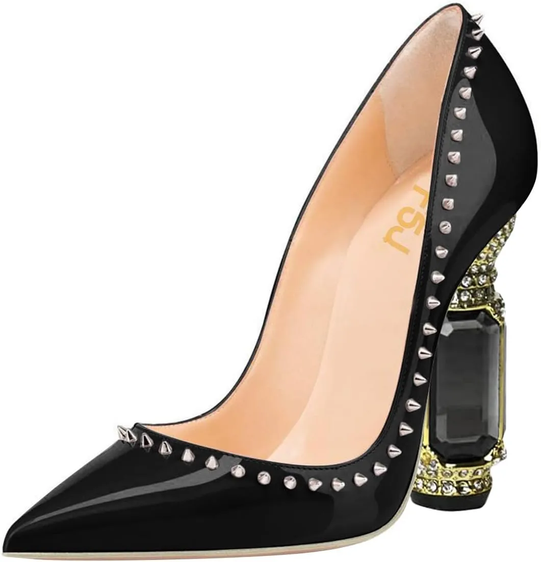 FSJ Women Bridal Pointed Toe Chunky Block High Heel Crystal Pumps Slip on Wedding Thick Comfort Evening Dress Studded Rivets Shoes Size 4-16 US