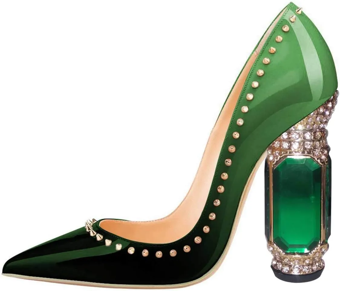 FSJ Women Bridal Pointed Toe Chunky Block High Heel Crystal Pumps Slip on Wedding Thick Comfort Evening Dress Studded Rivets Shoes Size 4-16 US