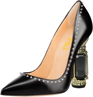 FSJ Women Bridal Pointed Toe Chunky Block High Heel Crystal Pumps Slip on Wedding Thick Comfort Evening Dress Studded Rivets Shoes Size 4-16 US