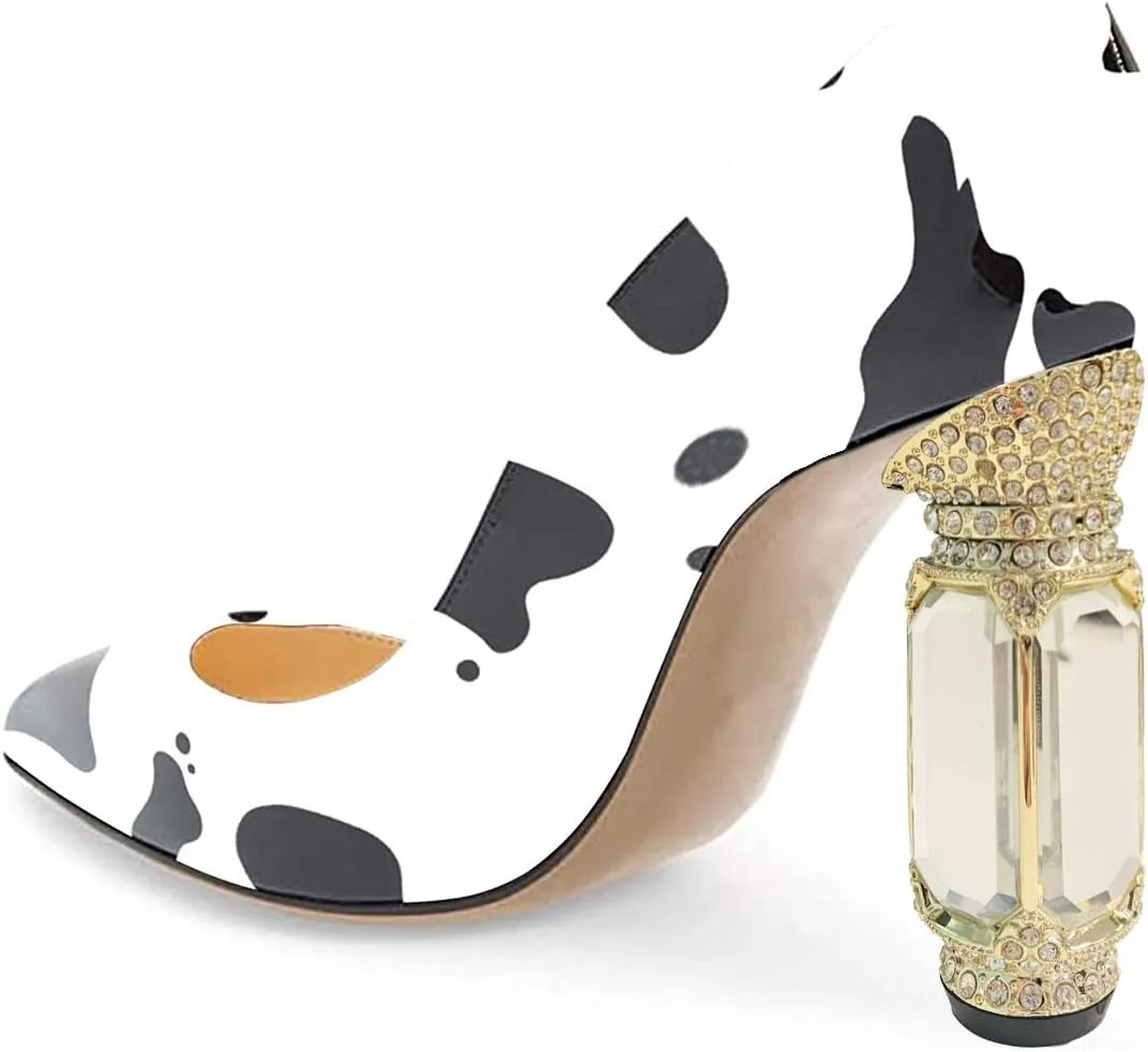 FSJ Women Bridal Pointed Toe Chunky High Heel Crystal Pumps Slip on Wedding Thick Comfort Unique Shoes Size 4-15 US