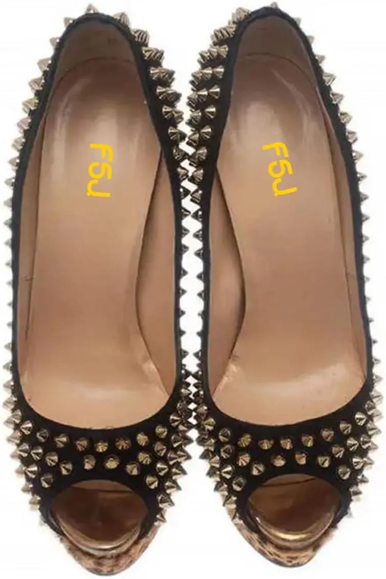 FSJ Women Classic Rivets Platform Heel Peep Toe Pumps High Stiletto Heel Slip On Studded Sexy Wedding Party Dance Shoes Size 4-16 US