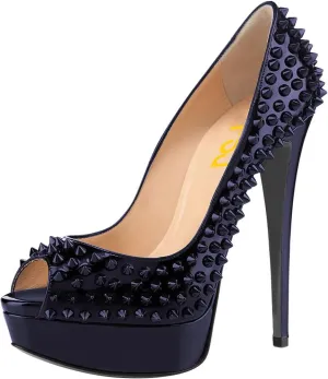 FSJ Women Classic Rivets Platform Heel Peep Toe Pumps High Stiletto Heel Slip On Studded Sexy Wedding Party Dance Shoes Size 4-16 US