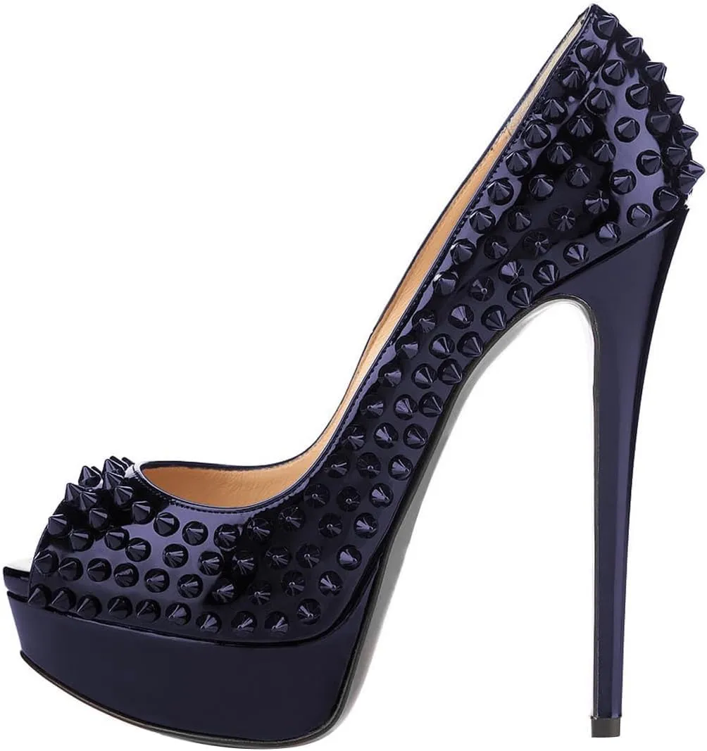 FSJ Women Classic Rivets Platform Heel Peep Toe Pumps High Stiletto Heel Slip On Studded Sexy Wedding Party Dance Shoes Size 4-16 US