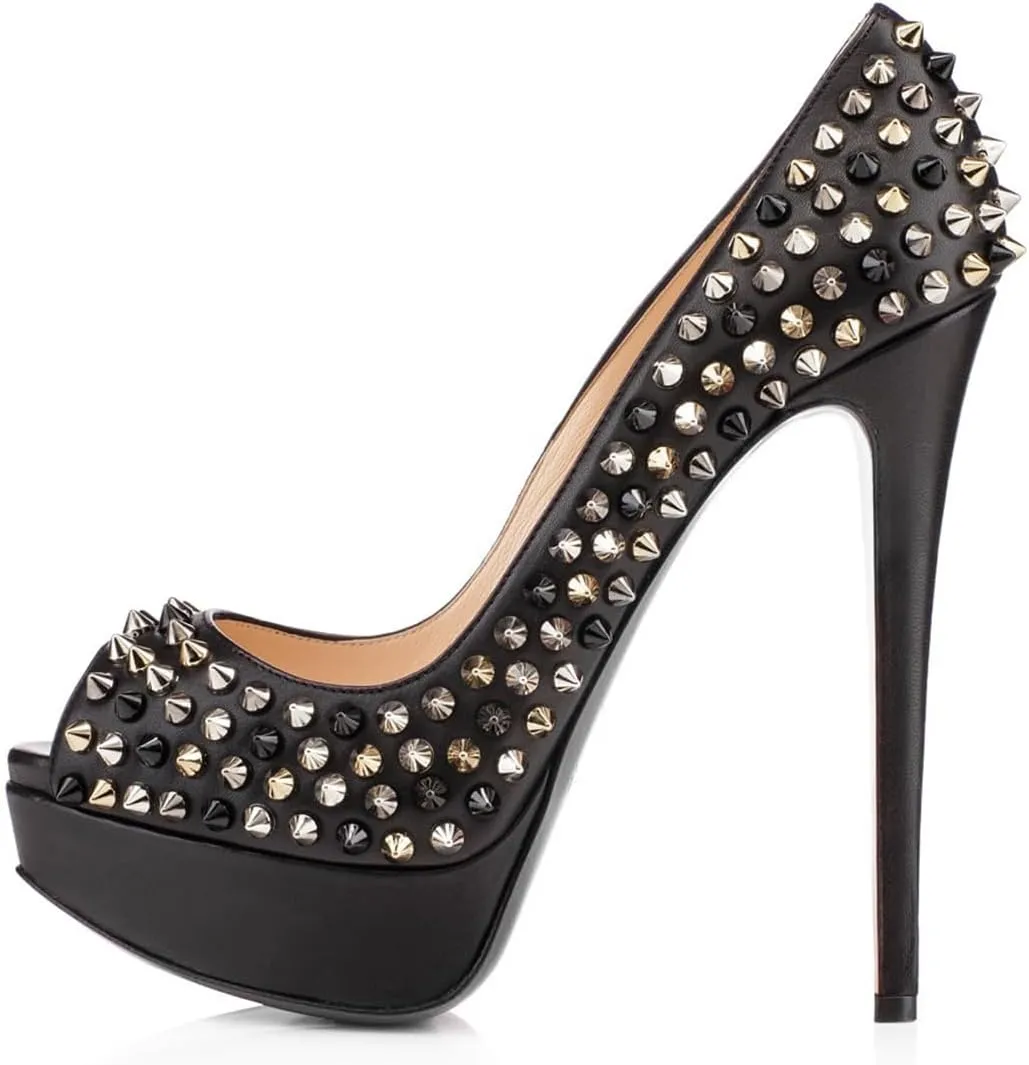 FSJ Women Classic Rivets Platform Heel Peep Toe Pumps High Stiletto Heel Slip On Studded Sexy Wedding Party Dance Shoes Size 4-16 US