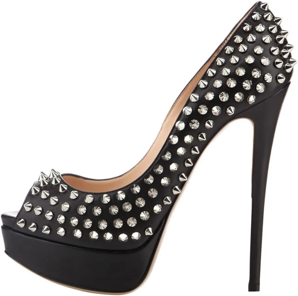 FSJ Women Classic Rivets Platform Heel Peep Toe Pumps High Stiletto Heel Slip On Studded Sexy Wedding Party Dance Shoes Size 4-16 US