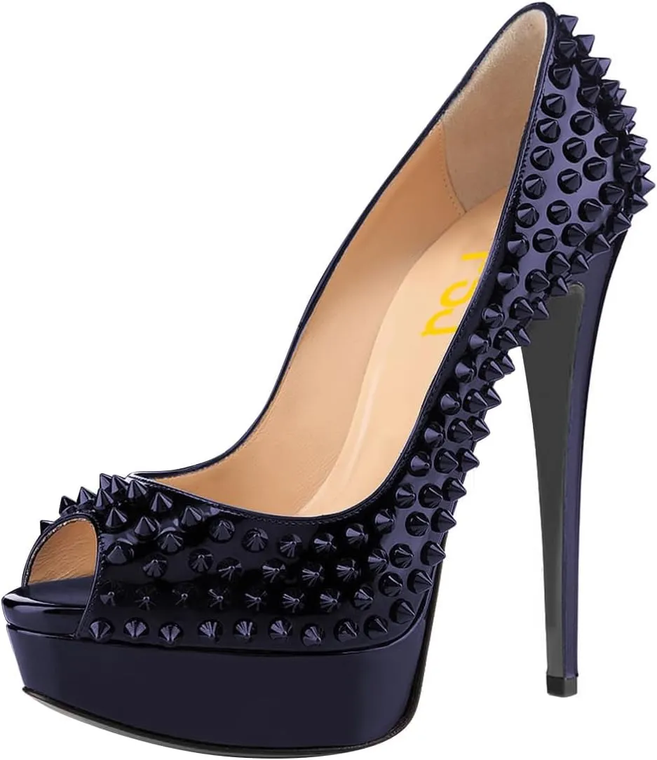 FSJ Women Classic Rivets Platform Heel Peep Toe Pumps High Stiletto Heel Slip On Studded Sexy Wedding Party Dance Shoes Size 4-16 US