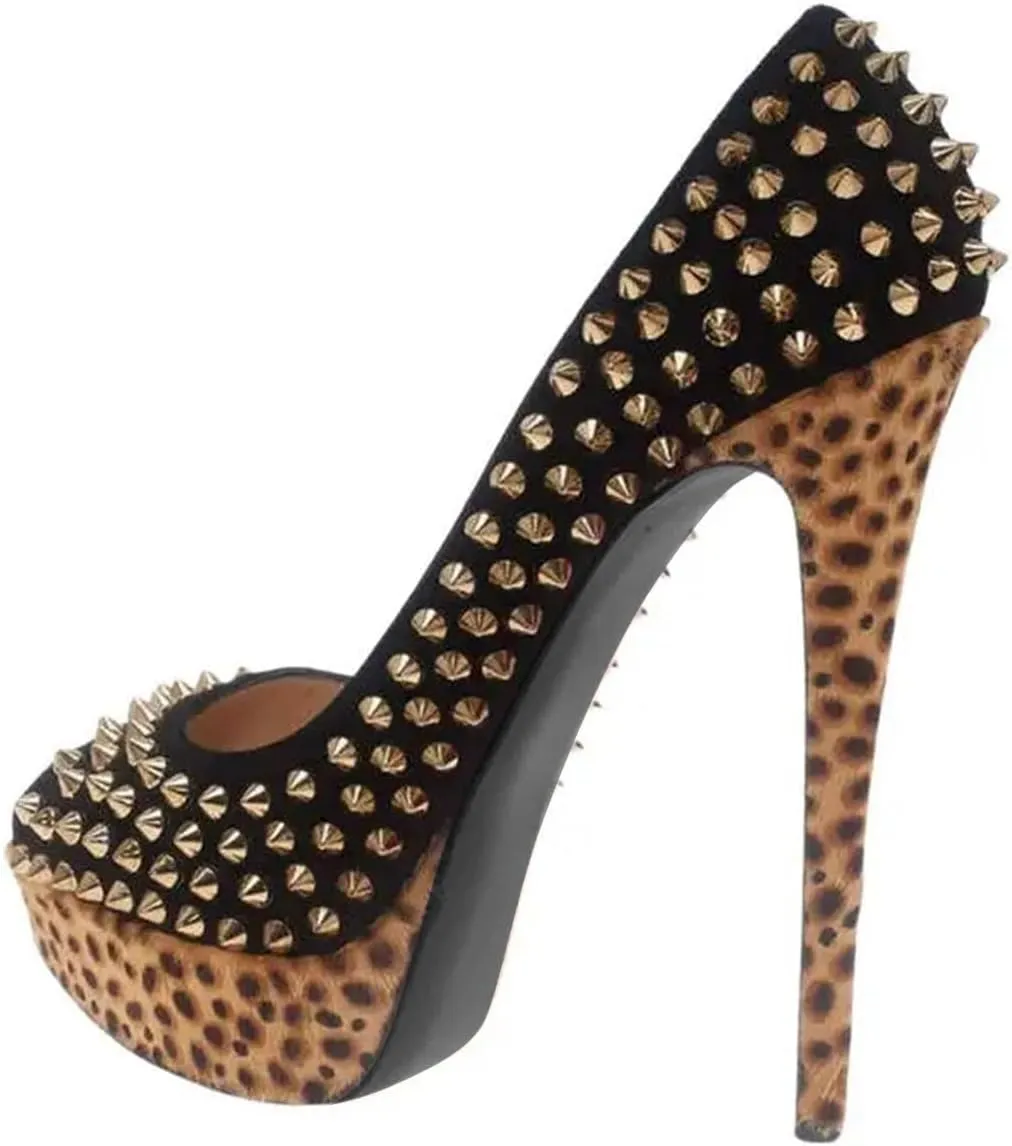 FSJ Women Classic Rivets Platform Heel Peep Toe Pumps High Stiletto Heel Slip On Studded Sexy Wedding Party Dance Shoes Size 4-16 US