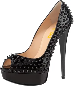 FSJ Women Classic Rivets Platform Heel Peep Toe Pumps High Stiletto Heel Slip On Studded Sexy Wedding Party Dance Shoes Size 4-16 US