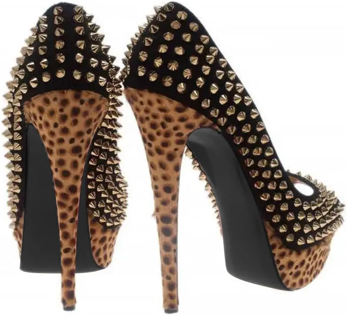 FSJ Women Classic Rivets Platform Heel Peep Toe Pumps High Stiletto Heel Slip On Studded Sexy Wedding Party Dance Shoes Size 4-16 US
