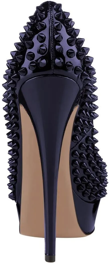 FSJ Women Classic Rivets Platform Heel Peep Toe Pumps High Stiletto Heel Slip On Studded Sexy Wedding Party Dance Shoes Size 4-16 US