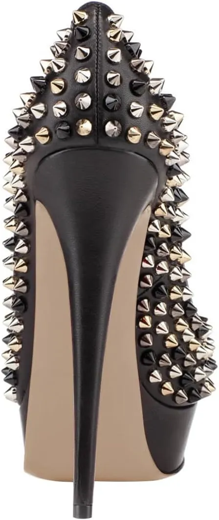 FSJ Women Classic Rivets Platform Heel Peep Toe Pumps High Stiletto Heel Slip On Studded Sexy Wedding Party Dance Shoes Size 4-16 US