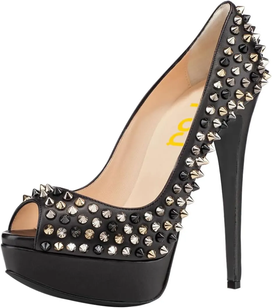FSJ Women Classic Rivets Platform Heel Peep Toe Pumps High Stiletto Heel Slip On Studded Sexy Wedding Party Dance Shoes Size 4-16 US