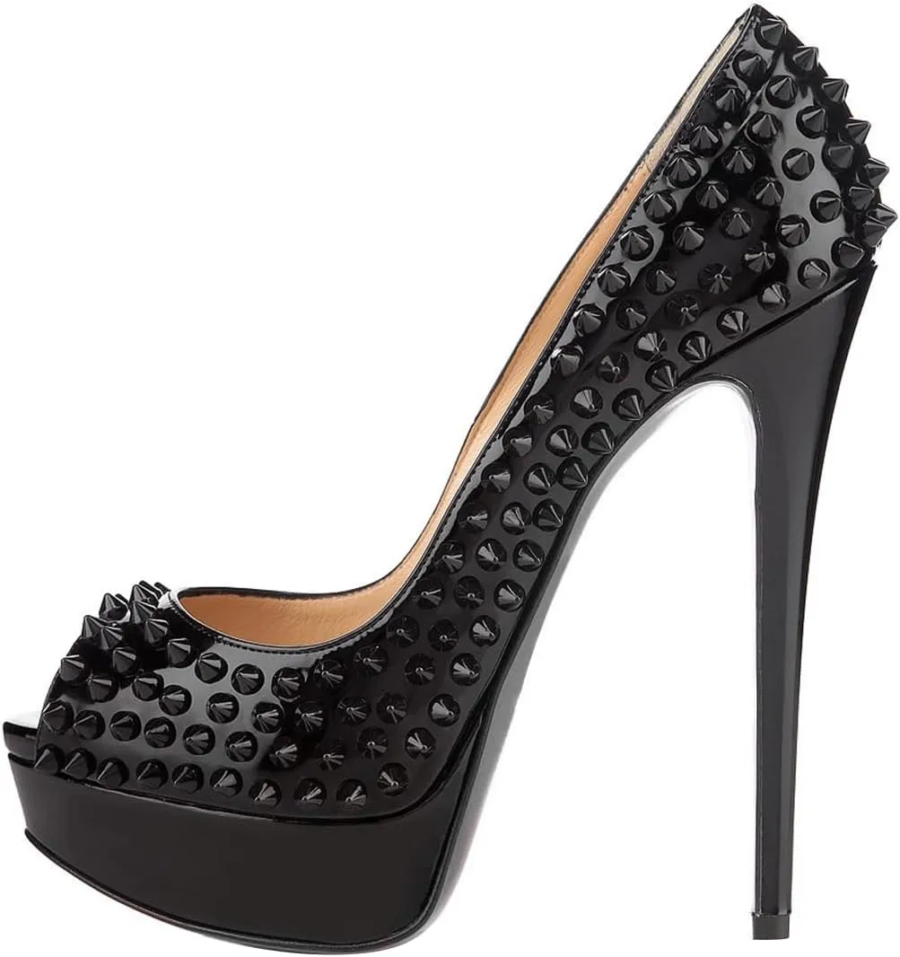 FSJ Women Classic Rivets Platform Heel Peep Toe Pumps High Stiletto Heel Slip On Studded Sexy Wedding Party Dance Shoes Size 4-16 US