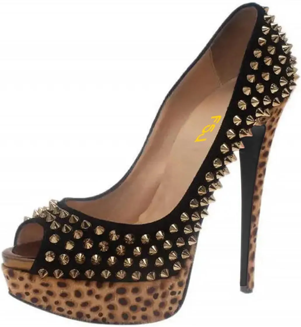 FSJ Women Classic Rivets Platform Heel Peep Toe Pumps High Stiletto Heel Slip On Studded Sexy Wedding Party Dance Shoes Size 4-16 US