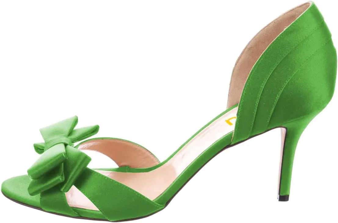 FSJ Women Cute Bowtie Peep Toe Kitten Mid Heel Pumps Slip On D'Orsay Satin Evening Prom Dress Shoes Size 4-15 US