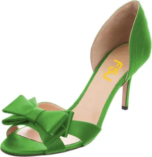 FSJ Women Cute Bowtie Peep Toe Kitten Mid Heel Pumps Slip On D'Orsay Satin Evening Prom Dress Shoes Size 4-15 US