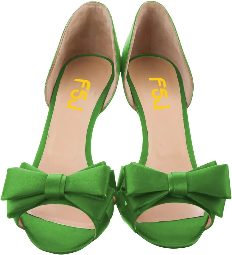 FSJ Women Cute Bowtie Peep Toe Kitten Mid Heel Pumps Slip On D'Orsay Satin Evening Prom Dress Shoes Size 4-15 US