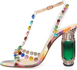 FSJ Women Fashion Open Almond Toe Ankle Strap Sandals Chunky High Heel Crystal Rhinestone Pumps Wedding Party Evening Shoes