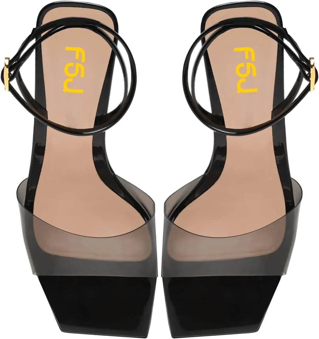 FSJ Women Graceful Square Open Toe Sandals Studded Gemstone Block High Heel Ankle Strap Party Evening Dress Dancing Shoes Size 4-15 US