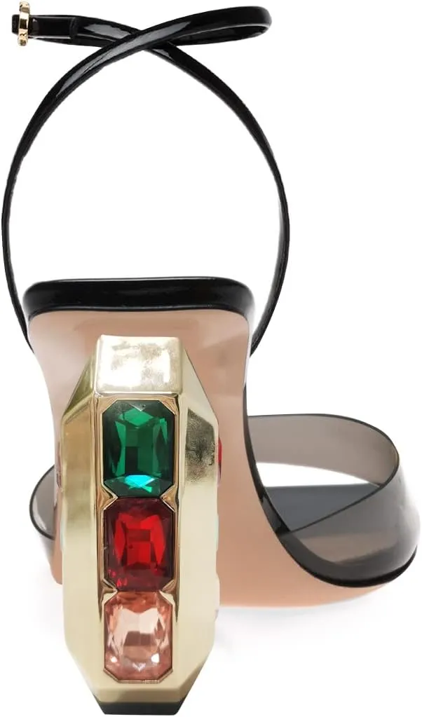 FSJ Women Graceful Square Open Toe Sandals Studded Gemstone Block High Heel Ankle Strap Party Evening Dress Dancing Shoes Size 4-15 US