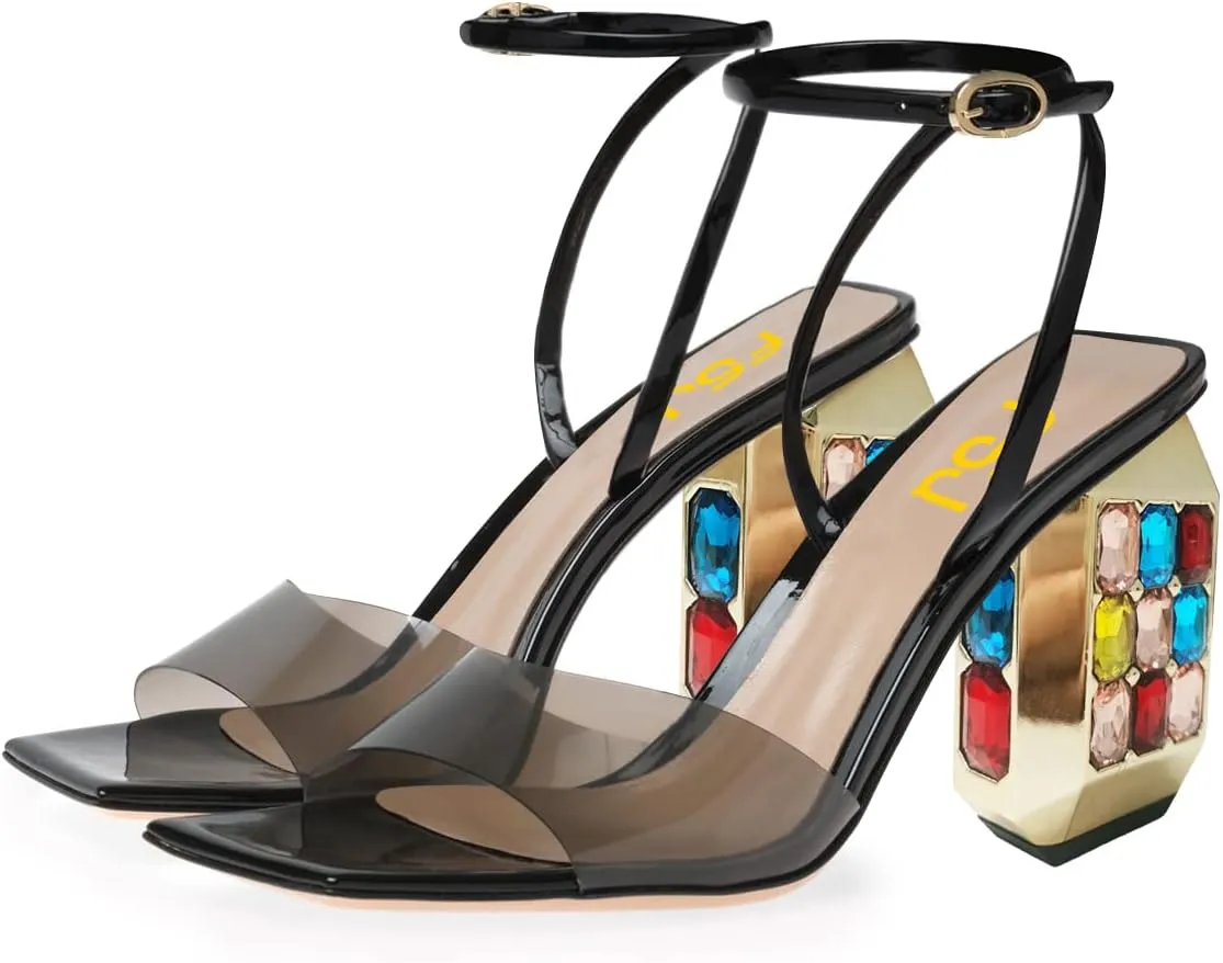 FSJ Women Graceful Square Open Toe Sandals Studded Gemstone Block High Heel Ankle Strap Party Evening Dress Dancing Shoes Size 4-15 US