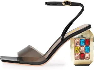 FSJ Women Graceful Square Open Toe Sandals Studded Gemstone Block High Heel Ankle Strap Party Evening Dress Dancing Shoes Size 4-15 US