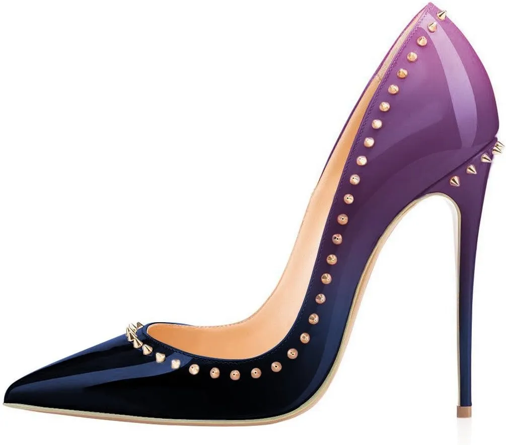 FSJ Women Pumps Pointed Toe High Heel Stilettos Rivets Studded Patent Leather Shoes Size 4-15 US