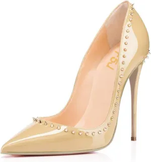 FSJ Women Pumps Pointed Toe High Heel Stilettos Rivets Studded Patent Leather Shoes Size 4-15 US