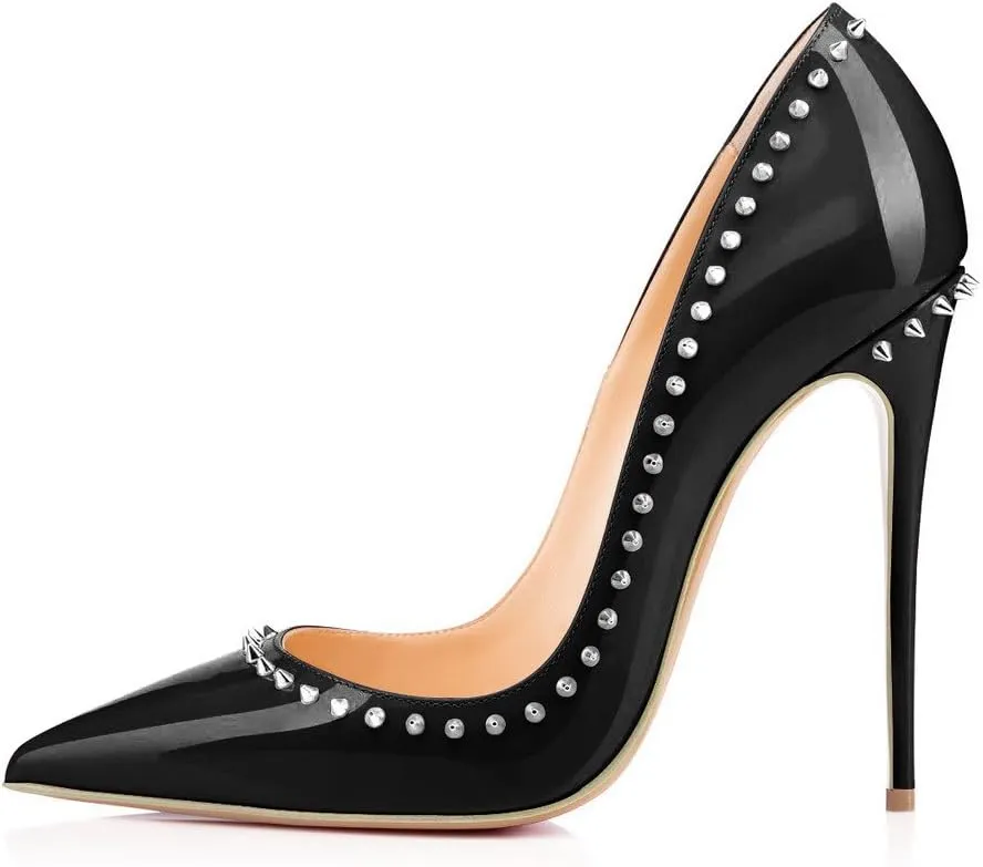 FSJ Women Pumps Pointed Toe High Heel Stilettos Rivets Studded Patent Leather Shoes Size 4-15 US