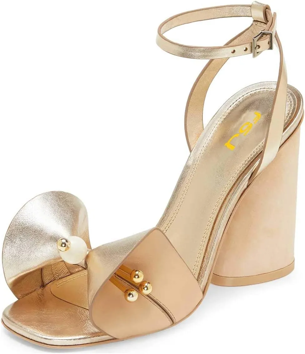 FSJ Women Retro Bowknot Chunky High Heel Sandal Open Toe Pearl Studded Ankle Strap Slingback Bead Wedding Bride Dress Pump Size 4-15 US