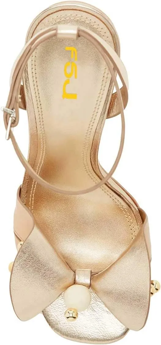FSJ Women Retro Bowknot Chunky High Heel Sandal Open Toe Pearl Studded Ankle Strap Slingback Bead Wedding Bride Dress Pump Size 4-15 US