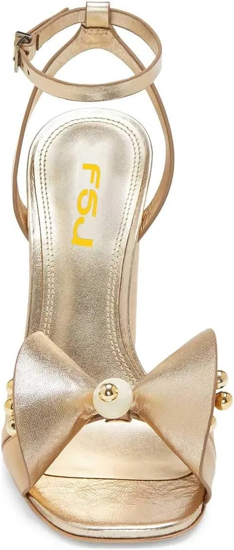 FSJ Women Retro Bowknot Chunky High Heel Sandal Open Toe Pearl Studded Ankle Strap Slingback Bead Wedding Bride Dress Pump Size 4-15 US