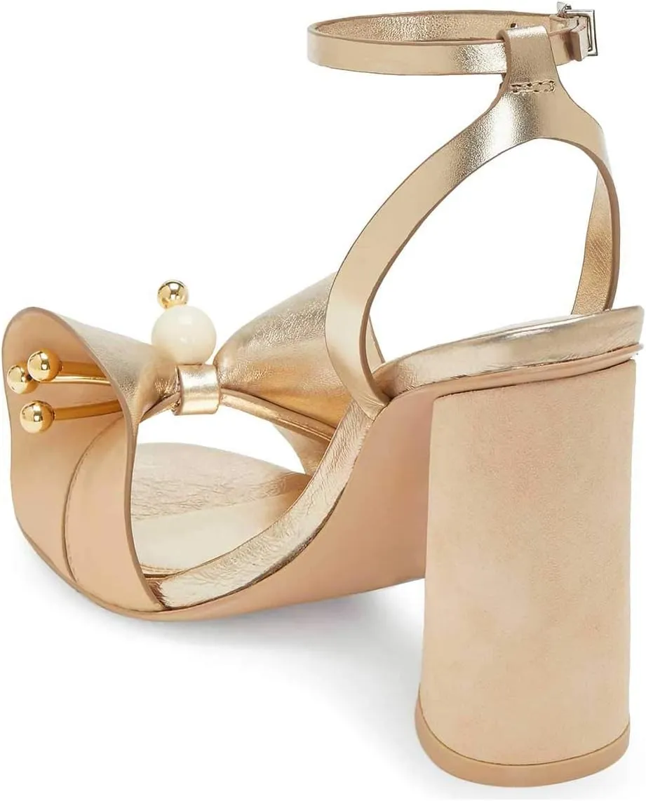 FSJ Women Retro Bowknot Chunky High Heel Sandal Open Toe Pearl Studded Ankle Strap Slingback Bead Wedding Bride Dress Pump Size 4-15 US