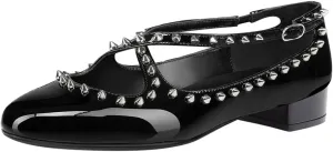 FSJ Women Spikes Ballerina Round Toe Pumps Cross Strap Studded Rivets Adjustable Buckle Block Low Heels Mary Jane Shoes Size 4-16 US